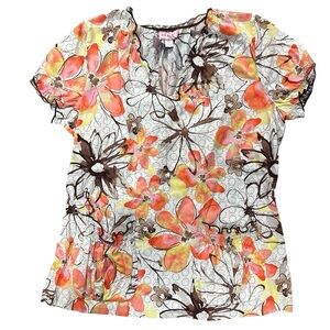 Koi by Kathy Peterson Brown Pink Floral Scrub Top Size XL